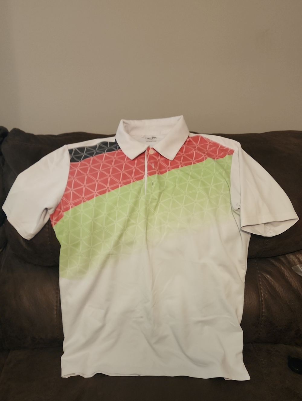 adidas White Polo with Coral, Lime and Charcoal Geo Stripes